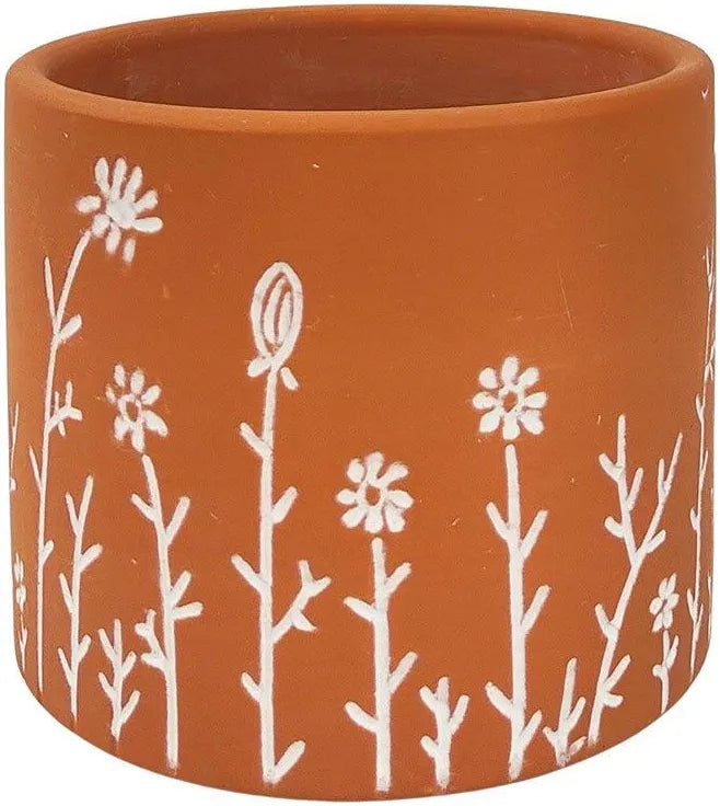 Riya Planter – Small 10.5cm Terracotta Ceramic Pot with White Flower Details
