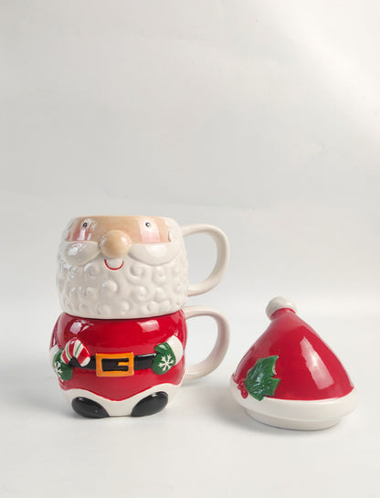 Santa Claus Mug Set with Lid – Ceramic Christmas Coffee Cup, Festive Holiday Hot Chocolate Mug