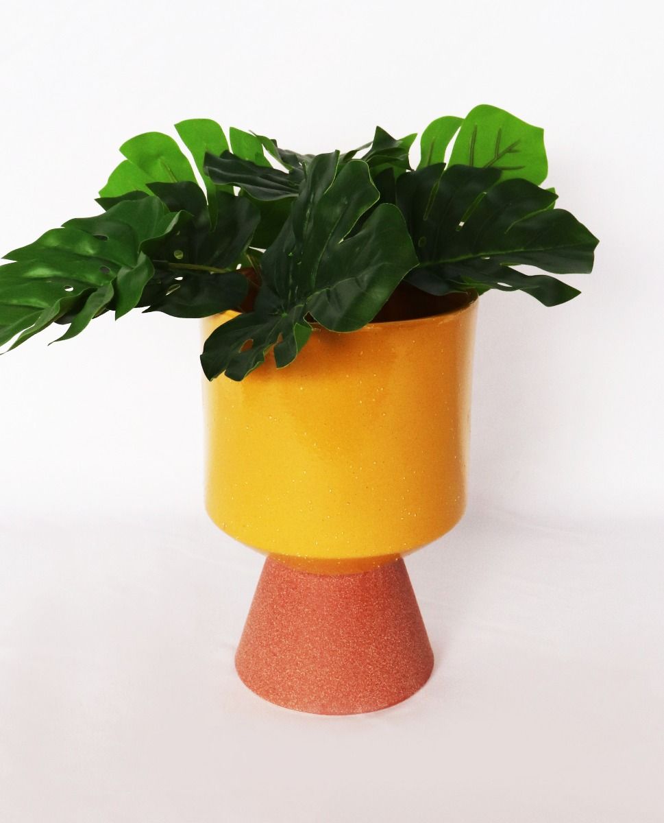 Brynn Tall Planter – Medium 20cm Mustard & Terracotta Ceramic Pot, Modern Indoor Planter